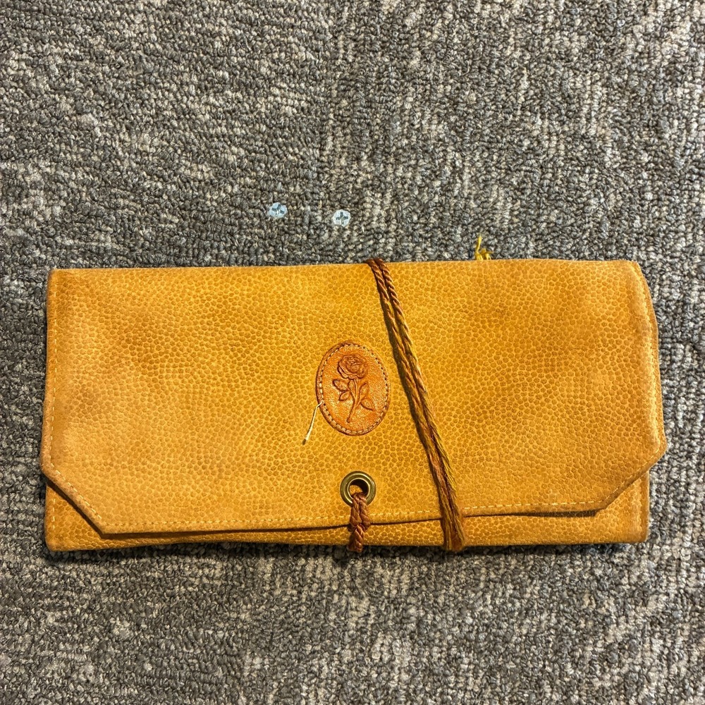 Vintage Leather Travel Jewelry Roll Organizer Case Rose Embossed